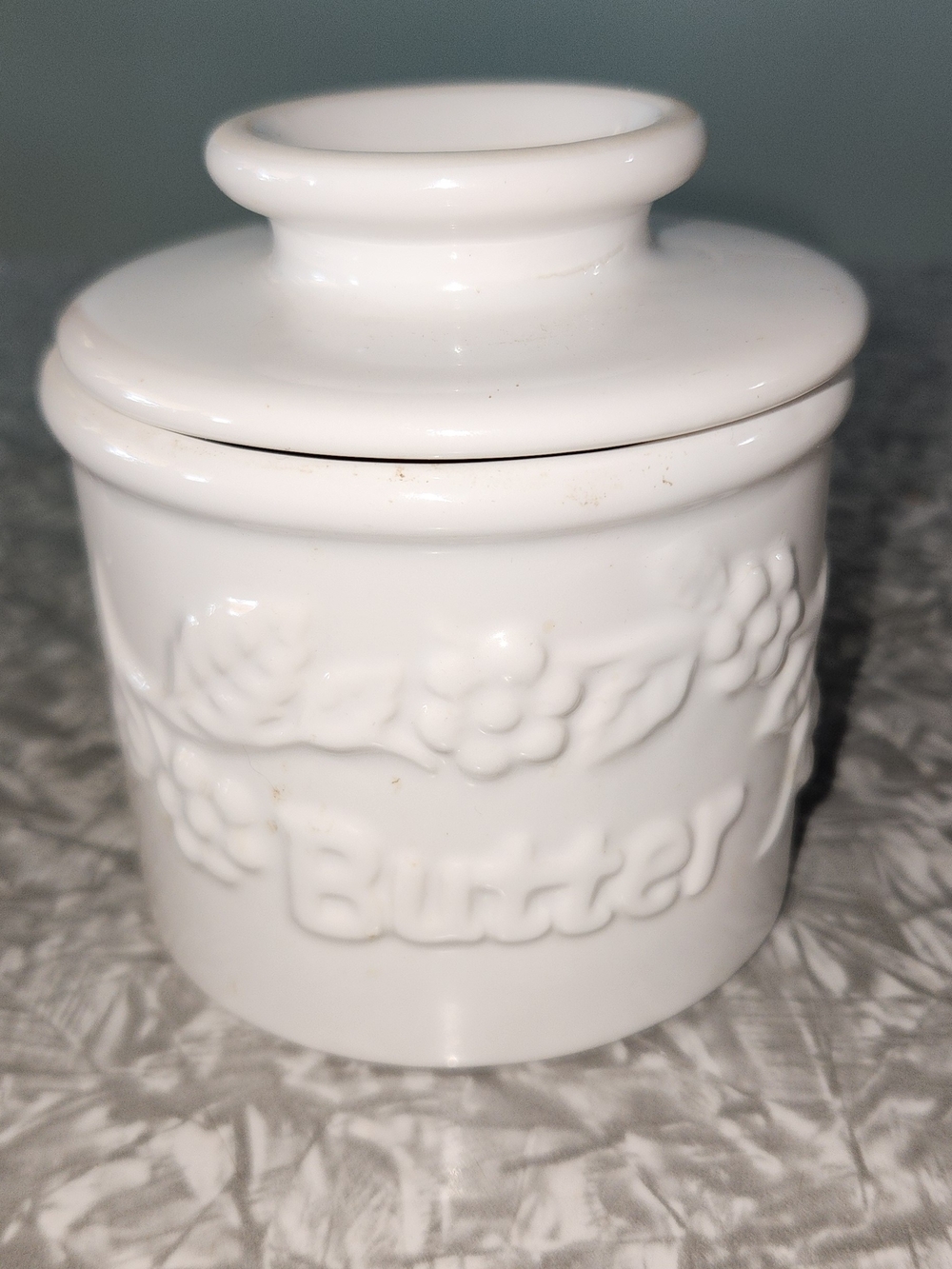 White Ceramic Butter Crock with Lid - Embossed Floral Design